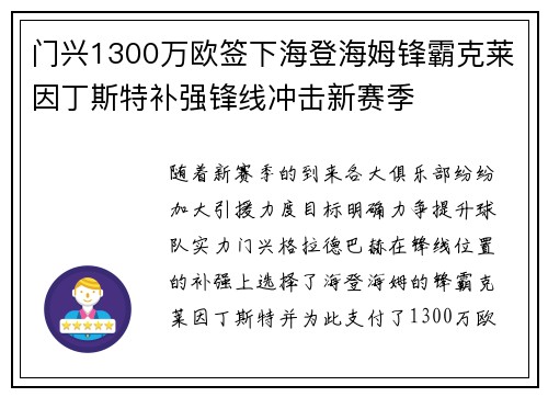 门兴1300万欧签下海登海姆锋霸克莱因丁斯特补强锋线冲击新赛季